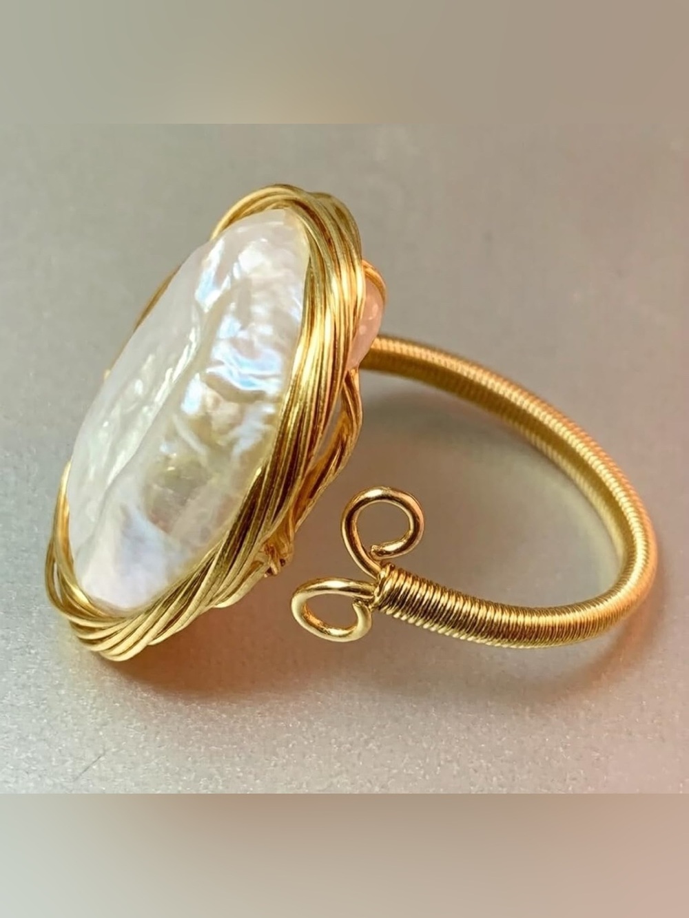 Handcrafted 14K Gold Plated Baroque Pearl Ring Adjustable - Picture 2 of 8